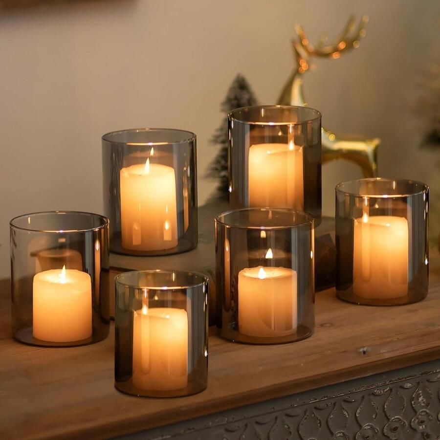 Allecto Plus Set van 6 Grijs Zwarte Kaarshouders voor Pilarkaarsen Decoratieve Glas Kaarshouder voor Woonkamer Tafel Home Decoratie met Drijvende Kaarshouders
