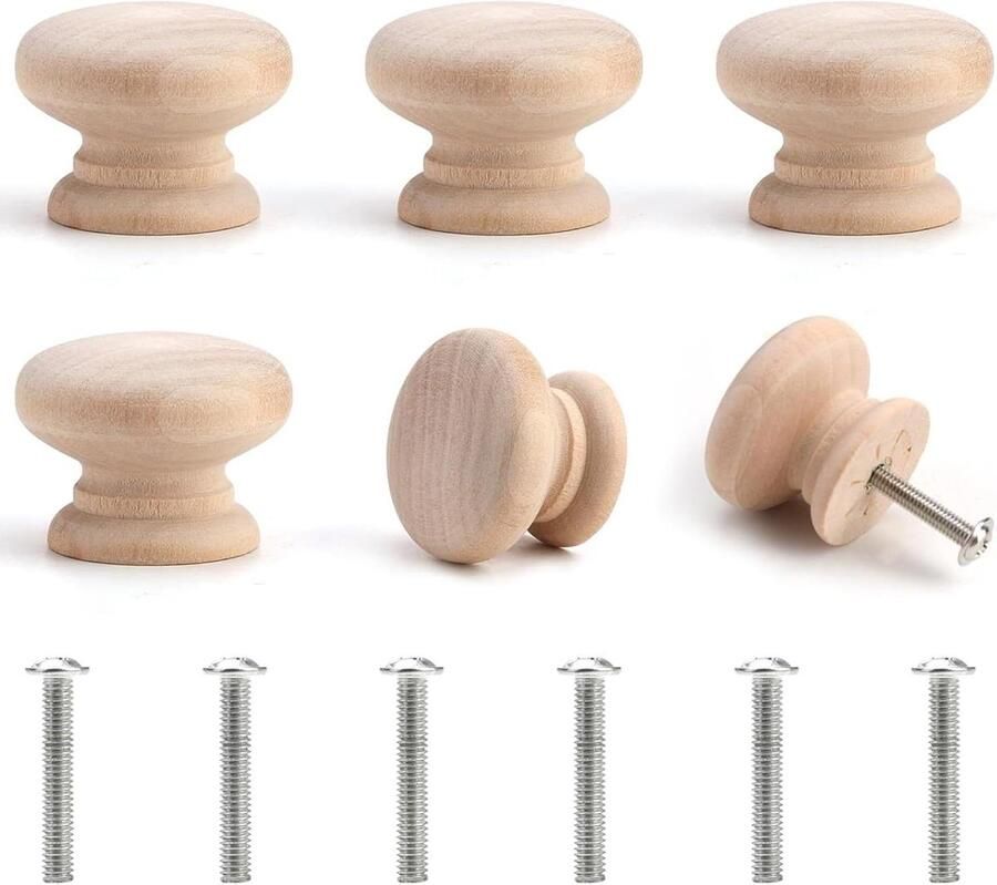 Allecto Plus Set van 6 houten kastknoppen met schroeven voor meubels Natuurlijk onafgewerkt hout Ø35 mm x 25 mm Paddestoel lade knoppen Handgrepen Geschikt voor kledingkast kantoor dressoir & lade pull Decoratieve ronde knoppen