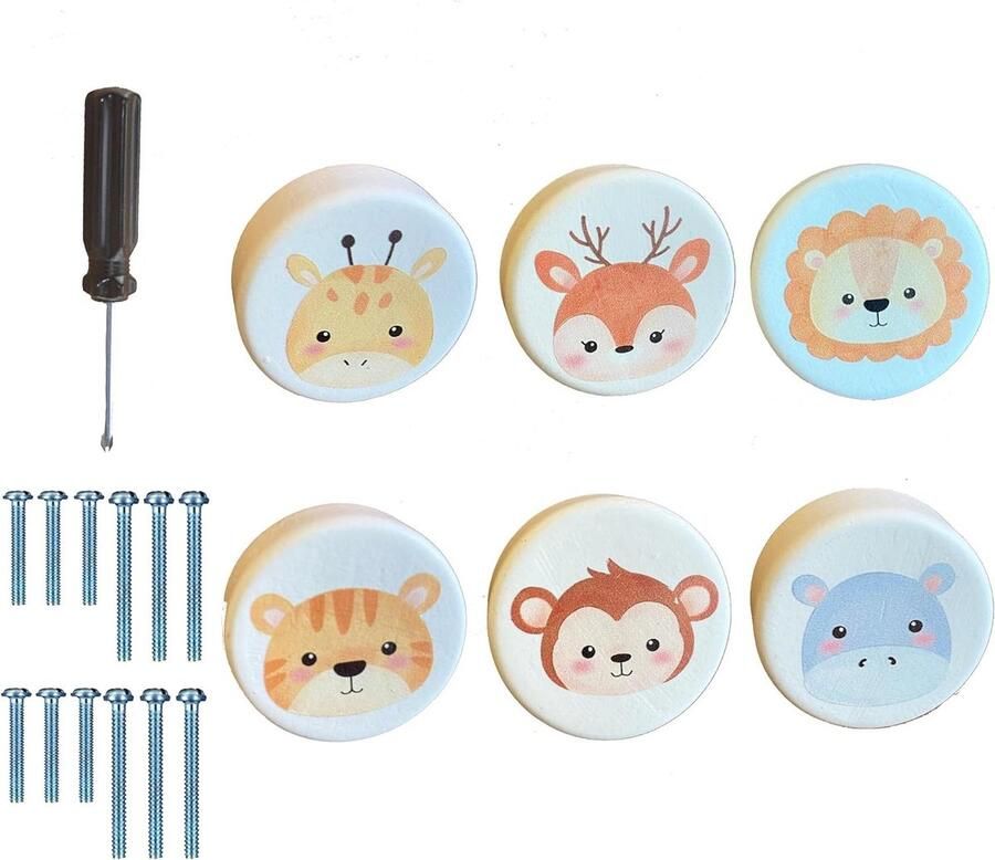 Allecto Plus Set van 6 houten kastknoppen met bosdieren design voor huis keuken kledingkast Decoratieve ladegrepen voor slaapkamer Meubelknoppen met dierenthema