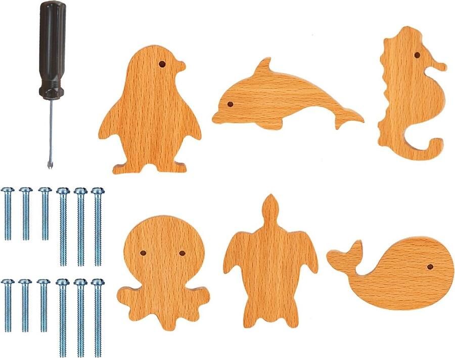 Allecto Plus Set van 6 houten kastknoppen met zeedieren design voor keuken en slaapkamer
