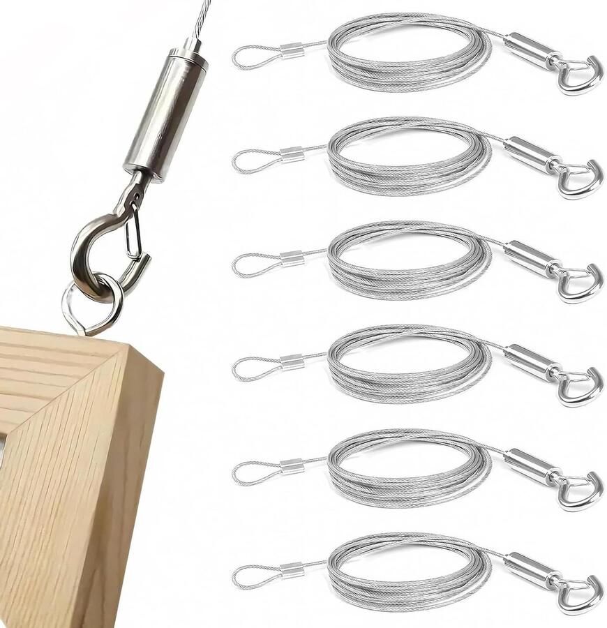 Allecto Plus Set van 6 instelbare roestvrijstalen staalkabels met ogen en haken 2 meter x 15 mm Voor het ophangen van spiegels schilderijen lampen en kunstwerken Draagvermogen tot 30 kg
