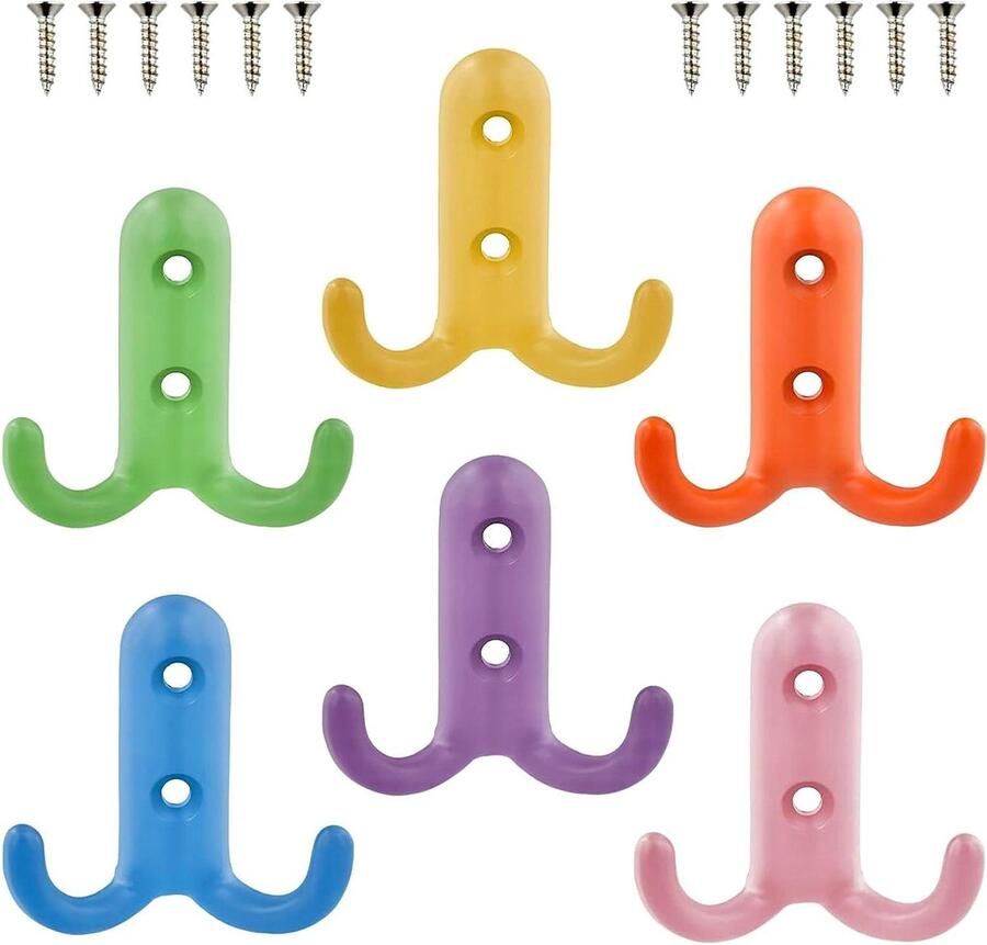 Allecto Plus Set van 6 kleurrijke wandhaken voor kinderkamer Wandgemonteerde kapstokhaken Zware metalen haak met schroef voor jassen en tassen Moderne kinderkamer decoratie Ruimtebesparende oplossing