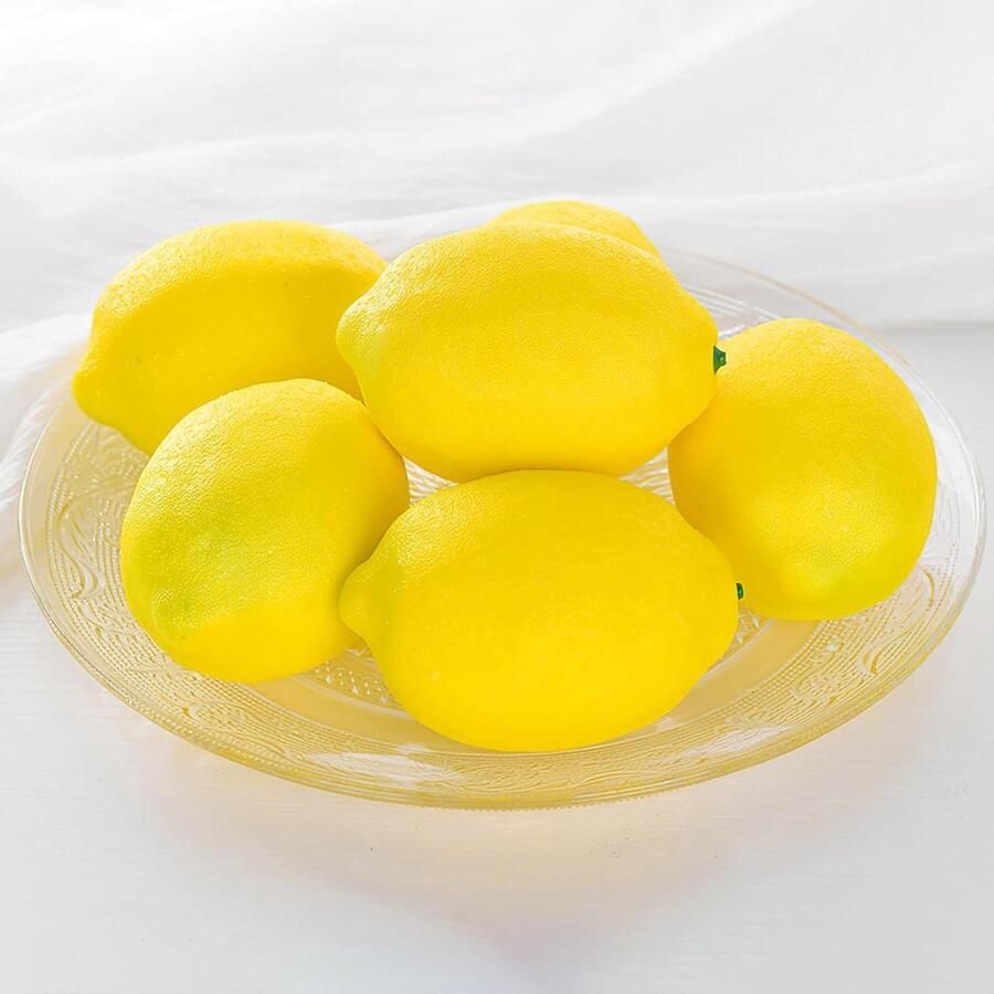 Allecto Plus Set van 6 Kunstgele Citroenen voor Decoratie Realistisch Nep Fruit Party Tafel Centerpieces Zomerse Decoraties