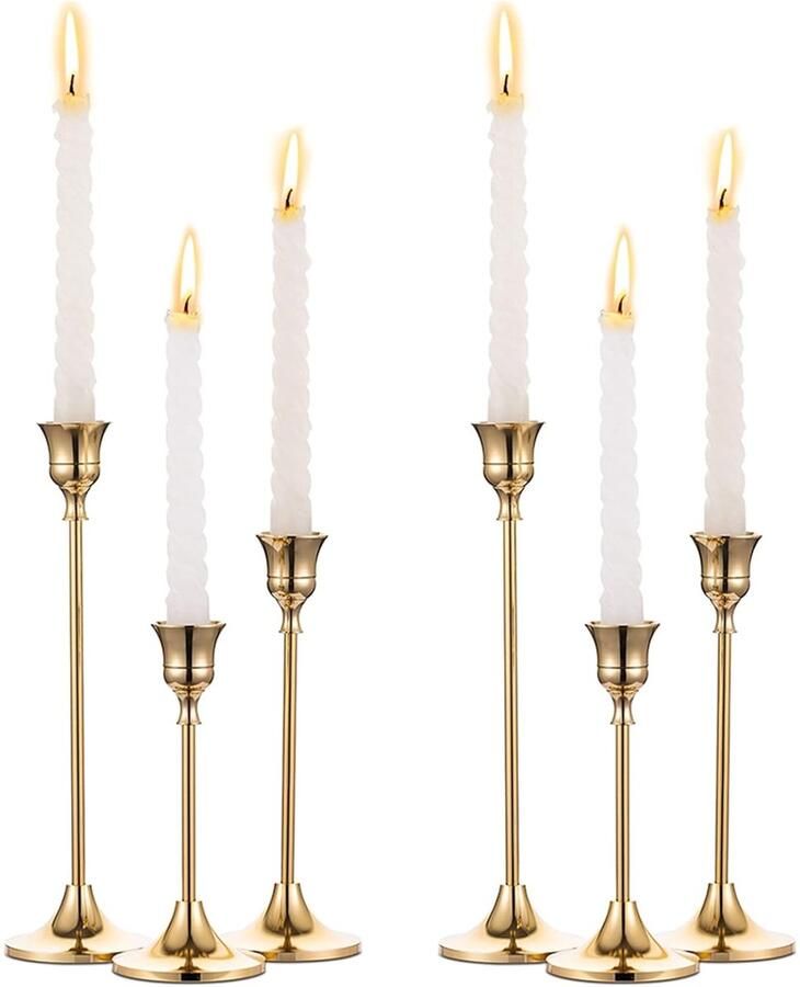Allecto plus Set van 6 Metalen Conische Kandelaars Goud Messing Decoratie Tafel Mantel Bruiloft Huis Cadeau Vintage Moderne Stijl