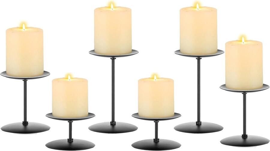 Allecto Plus Set van 6 metalen kandelaars voor pilaren Zwarte kandelaars voor kerstdecoratie en huisinrichting Modern design voor eettafel en feestelijke gelegenheden