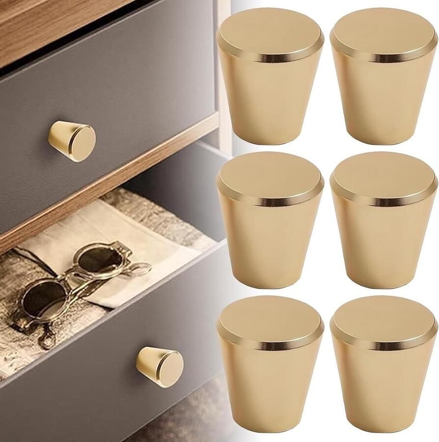 Allecto Plus Set van 6 moderne gouden meubelknoppen voor commode keukenkasten en laden Metaal 20 x 23 mm