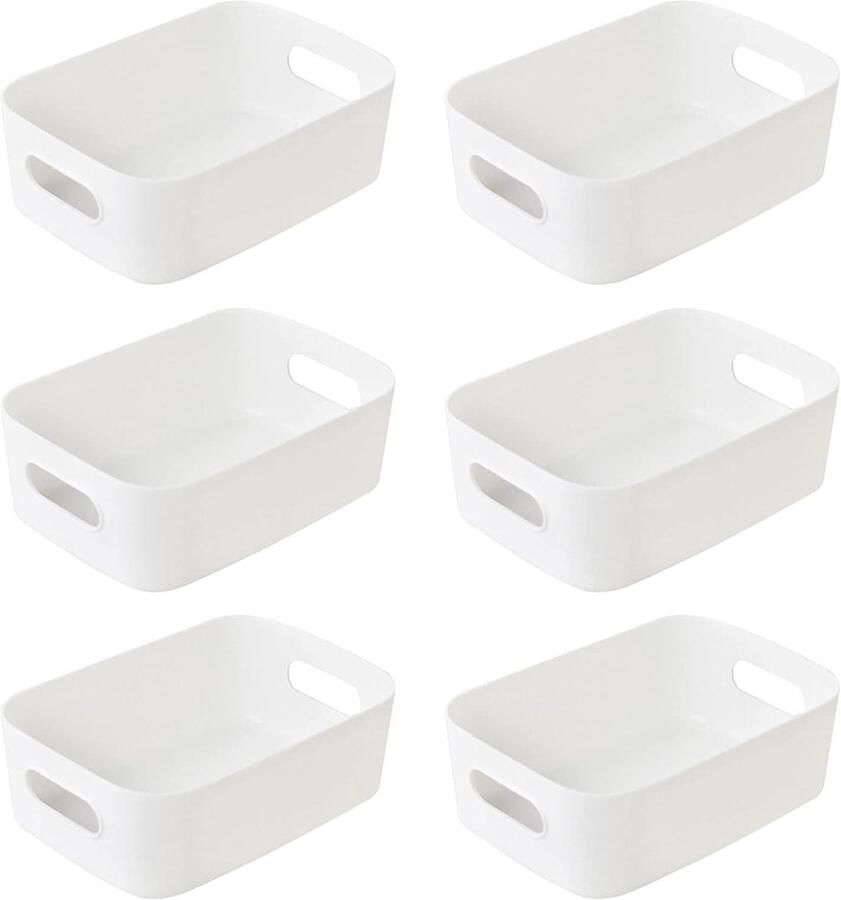 Allecto Plus Set van 6 opbergdozen met handvat voor huishouden Opbergmand voor kast en keuken Kunststof organizer Praktische opbergdoos Badkameropbergers 21 x 14 x 7 cm Wit