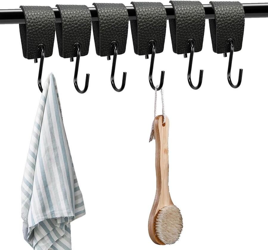 Allecto plus Set van 6 S-haken zwart voor kledingstang en garderobe-organisatie op camping