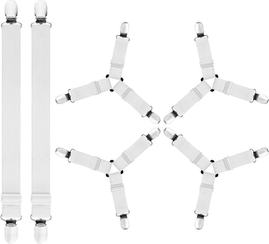 Allecto plus Set van 6 verstelbare lakenriemen Wit Bedlakclips voor matrasbevestiging Elastische hoekriemen voor beddengoed Houden lakens op hun plaats Voor bed of bank 3 clips 2 clips