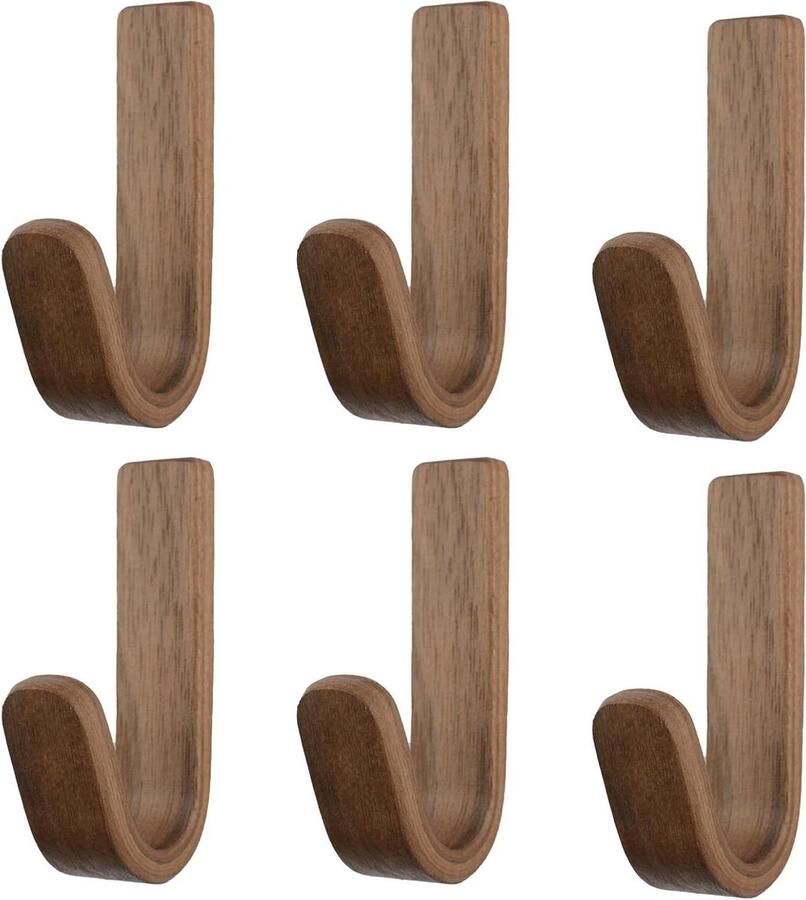 Allecto Plus Set van 6 Walnoot Zelfklevende Wandhaken J-Type Zelfklevende Haak Natuurlijke Houten Sleutelhouders Sterke Kapstok voor Badkamer Slaapkamer Entree