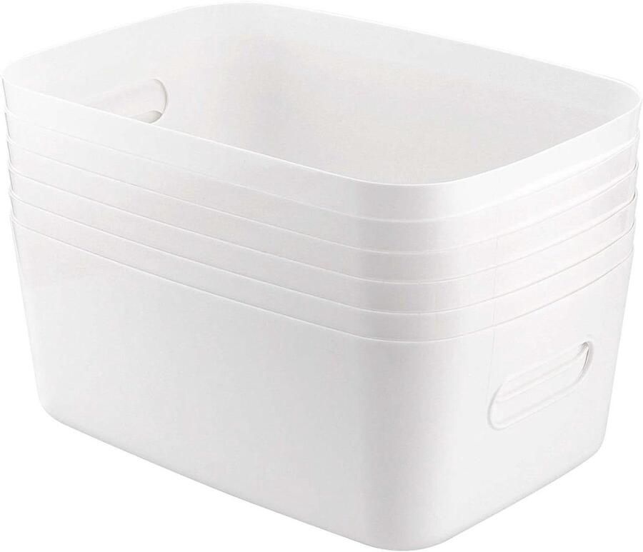 Allecto plus Set van 6 witte plastic opbergmanden 30x20x12 cm Rechthoekig met handgrepen Organizers voor kast badkamer en kantoor