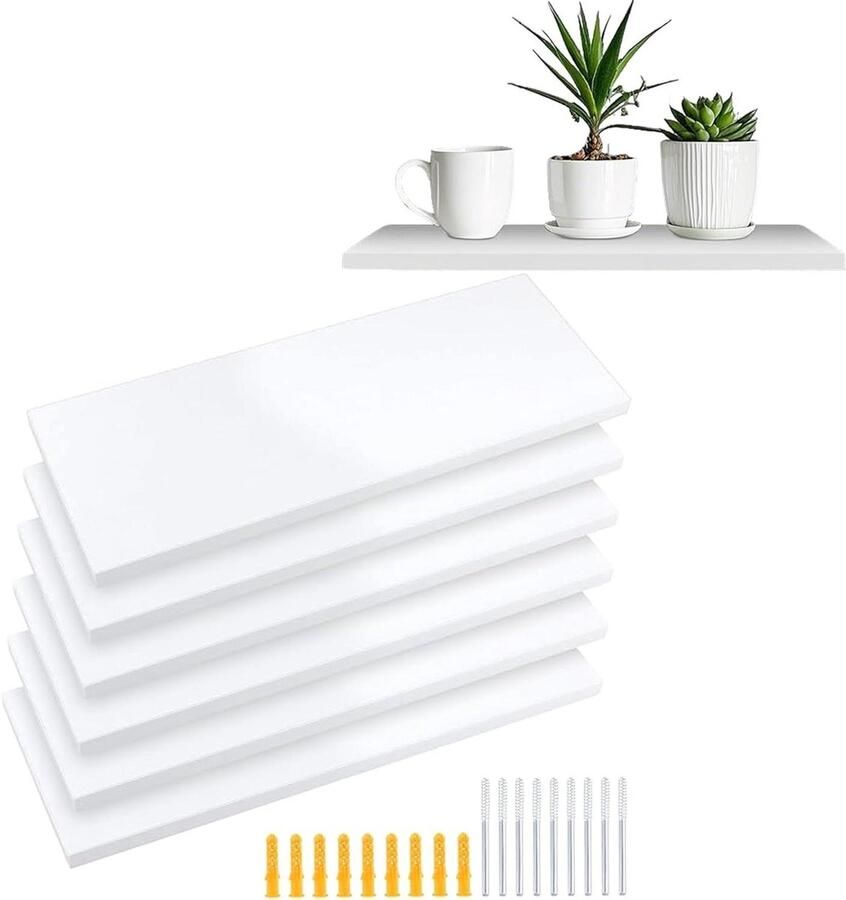 Allecto Plus Set van 6 witte zwevende planken voor slaapkamer kantoor en woondecoratie met expansiebuis en schroeven 40 x 15 x 15 cm
