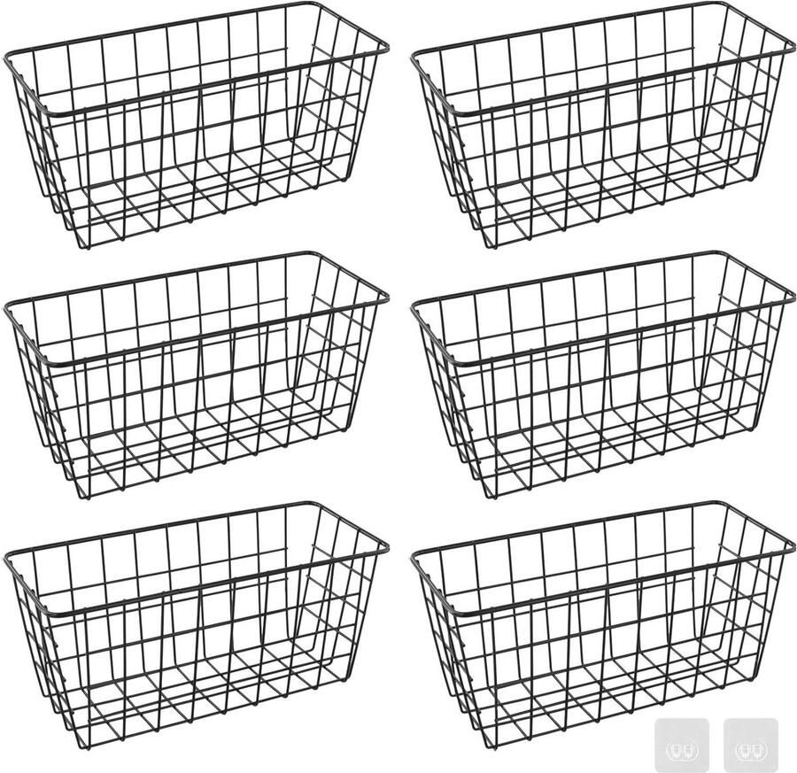 Allecto Plus Set van 6 zwarte draadmanden voor keukenopslag 125 x 285 x 125 cm Metalen manden voor badkamers slaapkamers kasten