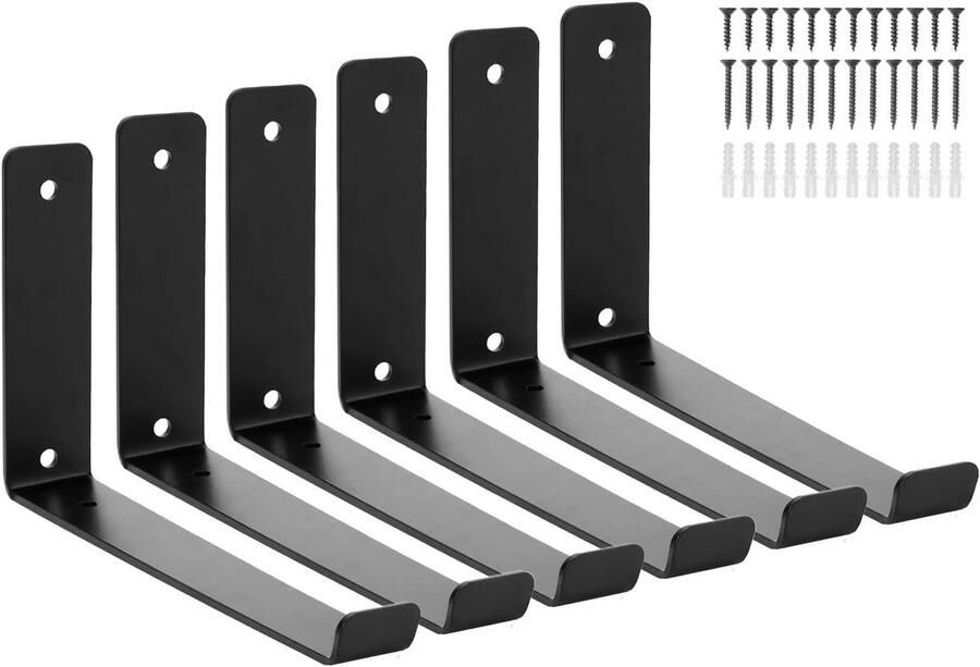 Allecto plus set van 6 zwarte metalen plankbeugels 25 cm 4 mm dik L-vorm roest- en krasbestendig. Beugels geschikt voor planken