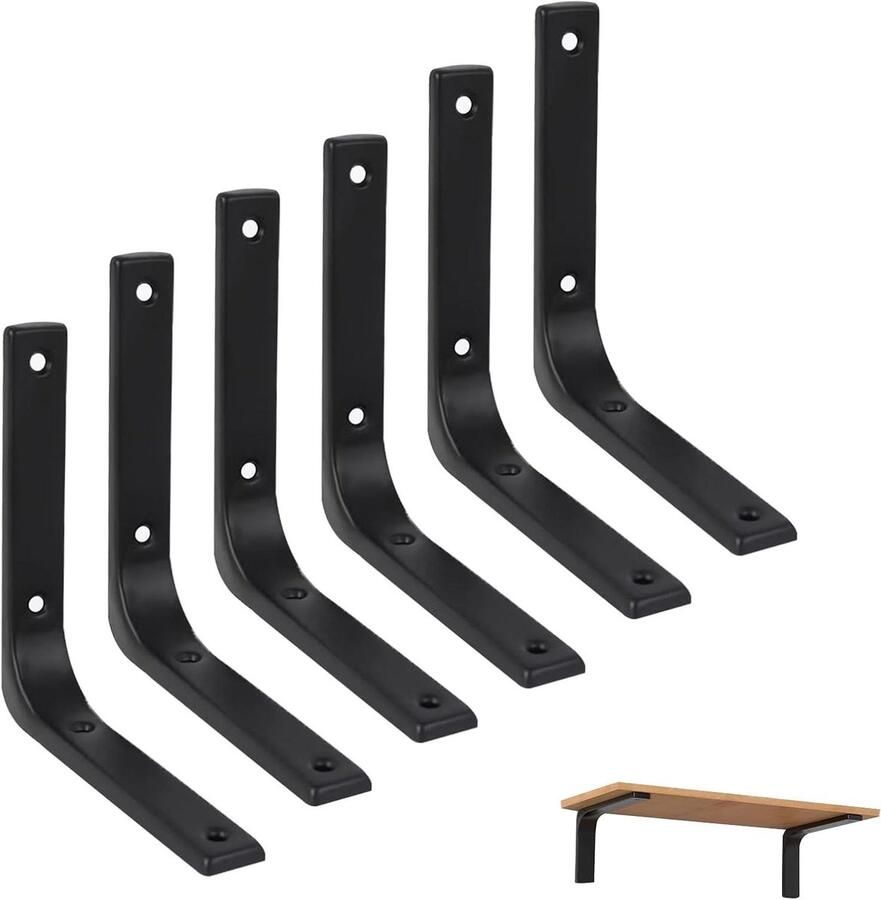 Allecto plus Set van 6 zwevende plankbeugels voor wandgemonteerde metalen rekken L-vormig Zwart Decoratief 20 5 cm Boekenkast Huis en tuinplanken