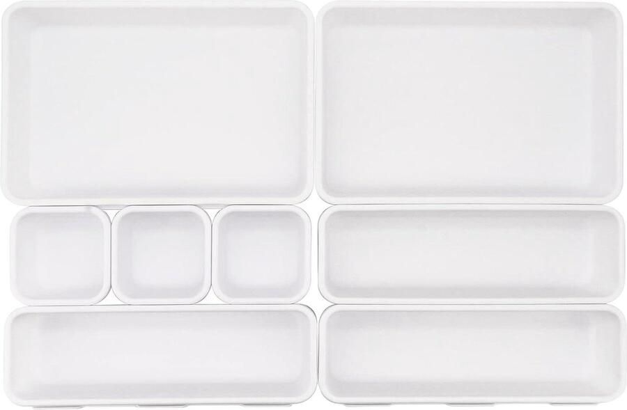 Allecto Plus Set van 8 bureaulade-organizer met in elkaar grijpende scheidingswanden voor keuken kantoor make-up en badkamer 3 maten Wit