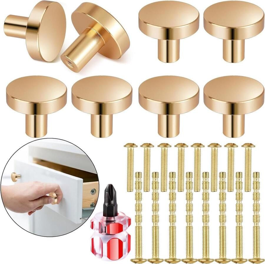 Allecto plus Set van 8 Goudkleurige Ronde Deurknoppen voor Keukenkastjes en Kledingkast Meubelknoppen inclusief Bevestigingsschroeven