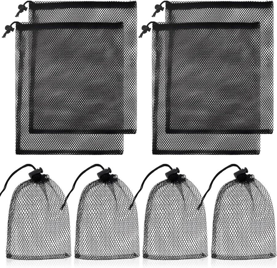 Allecto Plus Set van 8 kleine mesh trekkoordtassen voor opbergen en organiseren Zwart nylon Afmetingen 10x15cm