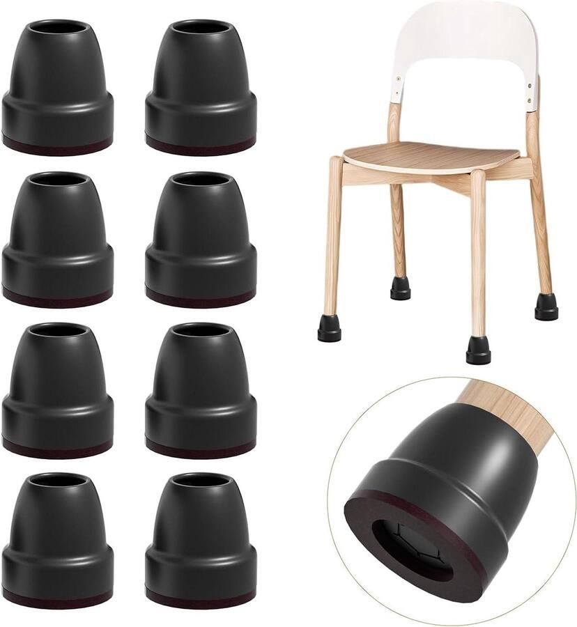 Allecto plus Set van 8 stoelbeschermers voor meubels zwart met vilt elastisch en krasbestendig Ø 21-25 mm Stoelpootbeschermers toevoegen