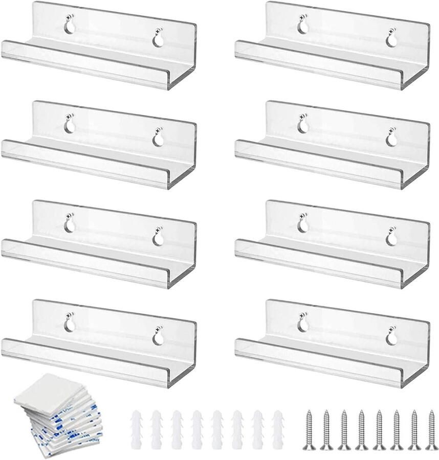 Allecto plus Transparante Acrylplanken Set van 8 CD-wandmontage 10 x 3 5 x 3 cm Wandplanken met schroeven Accessoires voor hal en woonkamer Displaypanelen Foto's opruimen Stijlvolle opslagoplossing