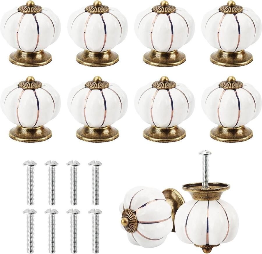Allecto Plus Set van 8 Vintage Kabinetknoppen Keramische Ladeknop met Schroeven Ronde Vintage Deurknoppen Meubelgreep Wit en Brons Kastdeurknop voor Binnenhuisinrichting Kastladen