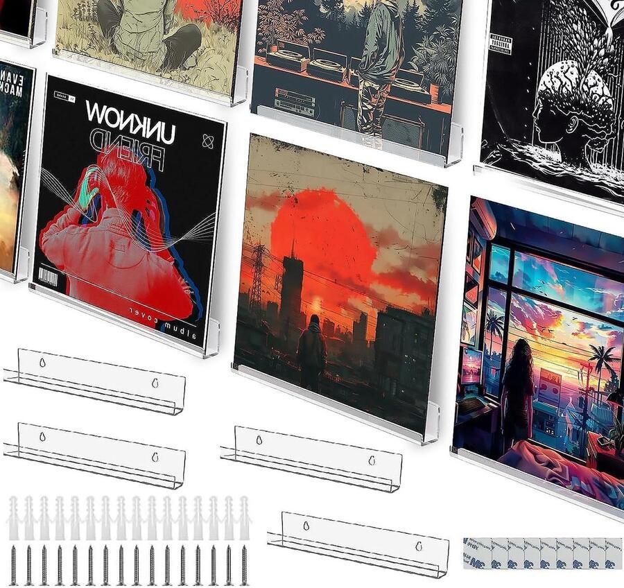 Allecto Plus Set van 8 vinyl wandhaken voor wandmontage Opbergrek voor vinylplaten 305 x 43 x 43 cm Vinyldeur Organisatie voor platenliefhebbers