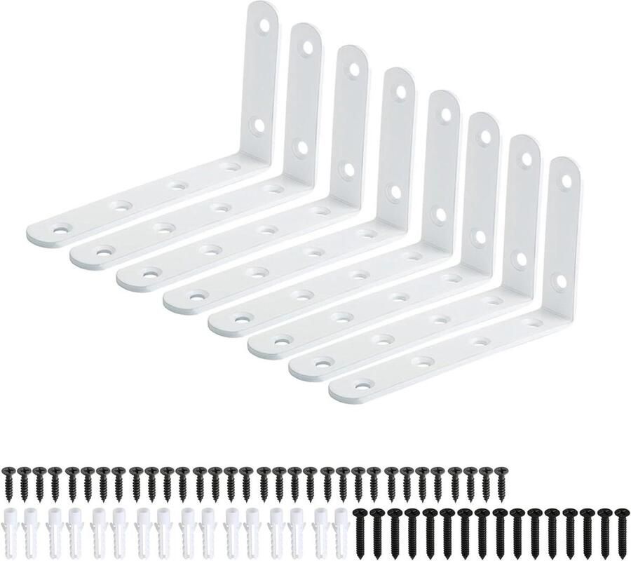 Allecto plus Set van 8 witte metalen L-beugels 125 mm x 75 mm x 20 mm voor zware belasting Wandgemonteerde planksteunen voor thuiskantoor Hoekbeugels muurbeugels met hoge draagkracht