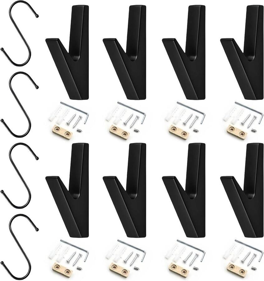 Allecto Plus Set van 8 zwarte garderobehaken met roestvrijstalen S-haken Garderobe haken voor aan de muur Mat zwarte kledinghaken voor badkamer en keuken 75 characters