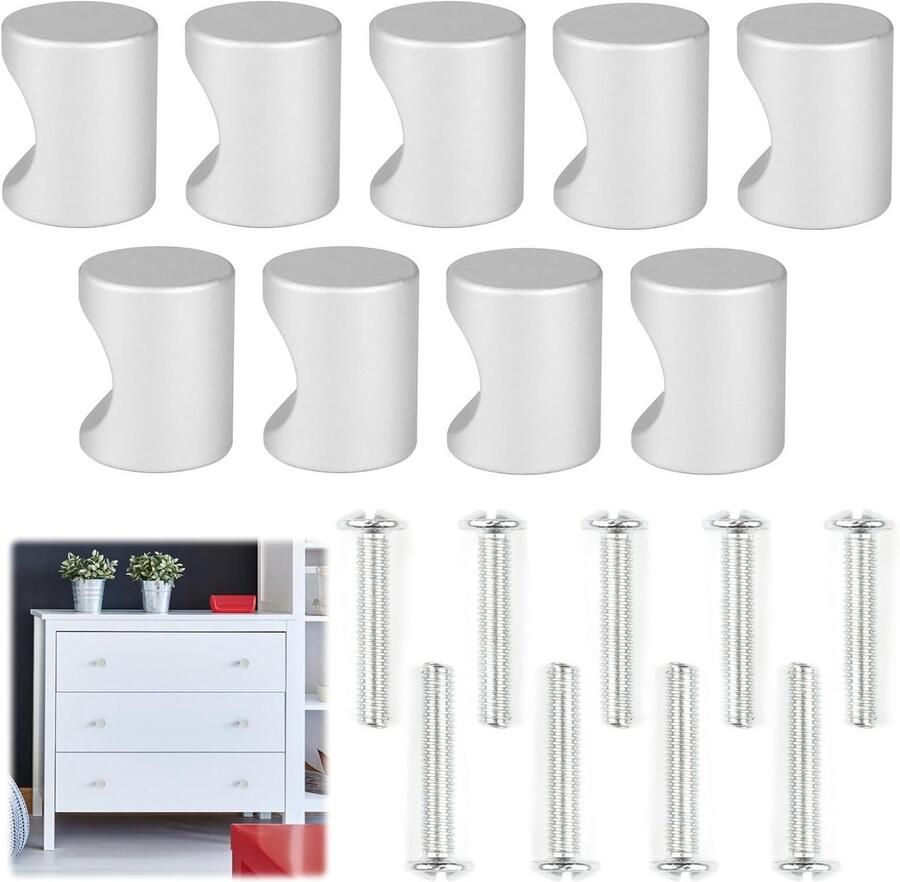 Allecto Plus Set van 9 moderne meubelknoppen van aluminiumlegering in matte zilveren afwerking voor keuken en badkamer Inclusief schroeven Cilindrische handgrepen voor laden kasten en meubels
