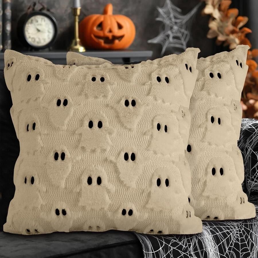 Allecto plus Sierkussenslopen Halloween Set van 2 Schattige Spook Motieven Zacht Pluche Kunstbont 50 x 50 cm Kussenhoes voor Binnen Huis Decoratie Slaapkamer Bank Beige 3 Zoekwoorden: Halloween Spookachtig Decoratie