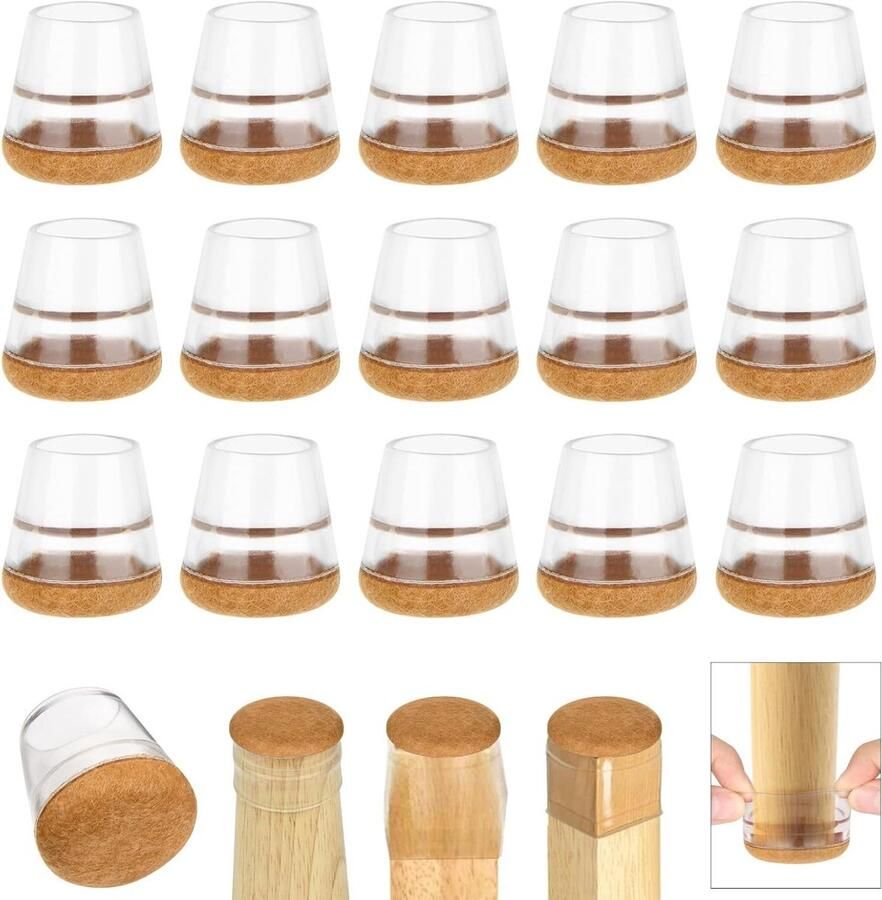 Allecto Plus Siliconen stoelpootbeschermers met viltkussentjes 16 stuks Ronde stoelpootdoppen vloerbeschermers krasbestendig Elastisch en gezoomd klein