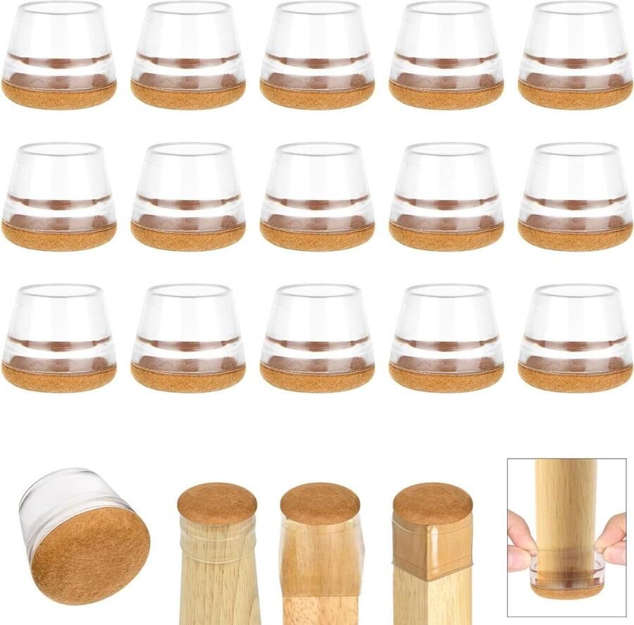 Allecto Plus Siliconen stoelpootbeschermers set van 16 Hoge elastische meubelbeschermers Bescherming tegen krassen en lawaai Ronde stoelpootdoppen met vilt Geschikt voor hardhouten vloeren