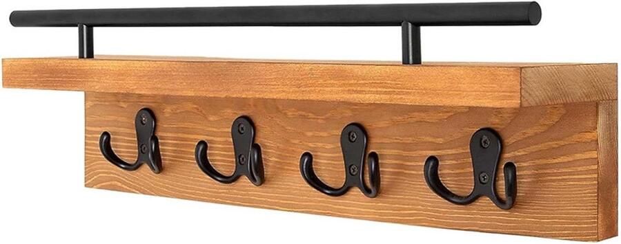 Allecto plus Sleutelhouder van hout met 4 haken en plank Decoratieve sleutelhanger voor ingang keuken kantoor en woonkamer Wandgarderobe voor badkamer