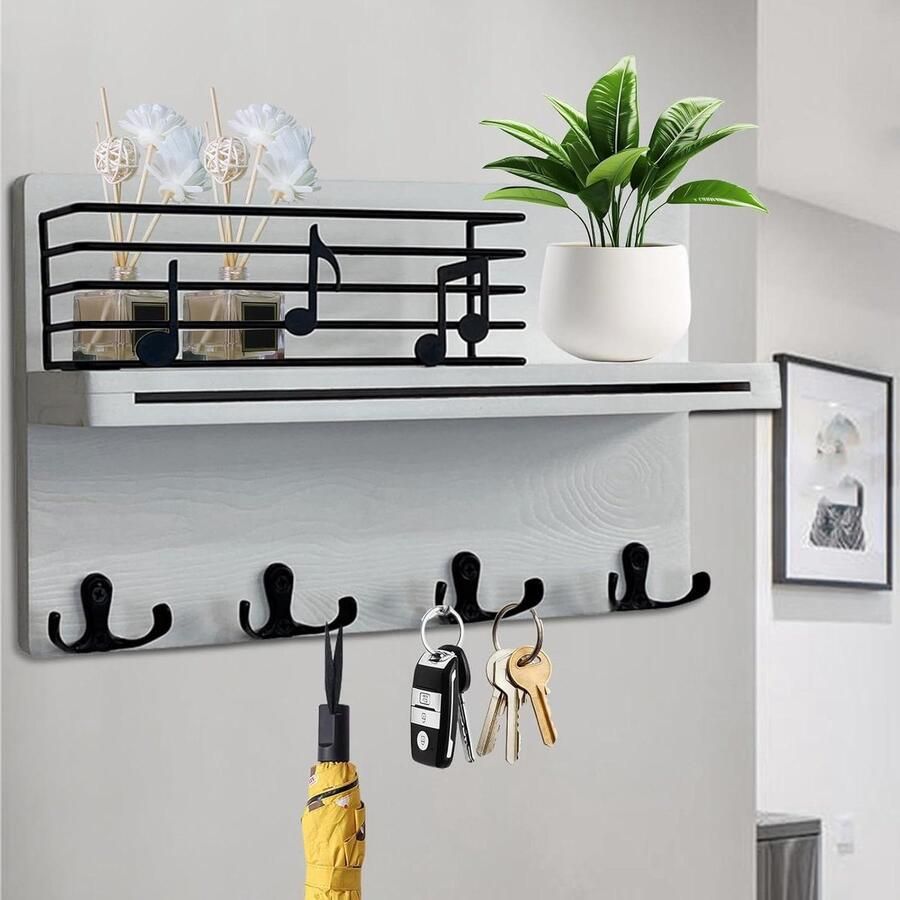 Allecto Plus Sleutelrek hout met plank en 4 haken voor sleutels wit Modern decoratief wandrek voor hal en slaapkamer