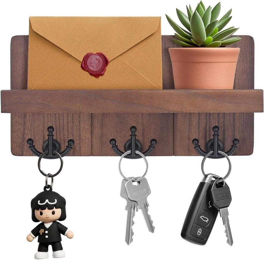 Allecto plus Sleutelrek met plank en 3 dubbele sleutelhaken Wandrek voor ingang slaapkamer woonkamer Wit en bruin houten sleutelhouder Decoratieve plank