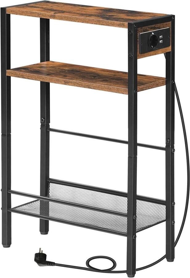 Brenzoos Smalle Bijzettafel met Oplaadstation voor Kleine Ruimtes Slank Nachtkastje met USB-Aansluiting en Opbergplank in Rustiek Bruin en Zwart