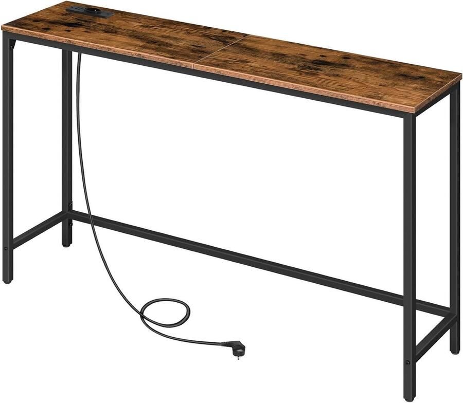 Allecto plus Smalle consoletafel met stekkerdoos en USB-poorten Vintage bruin en zwart Bijzettafel voor foyers en gangen met laadstation