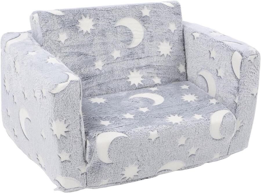 Allecto Plus Sofa Bed voor Kinderen 2 in 1 Peuterbank Stoel Glow in the Dark Omvormbare Bank naar Ligstoel Slaapbank met Ster Maan Patroon voor Thuis Babykamer Grijs