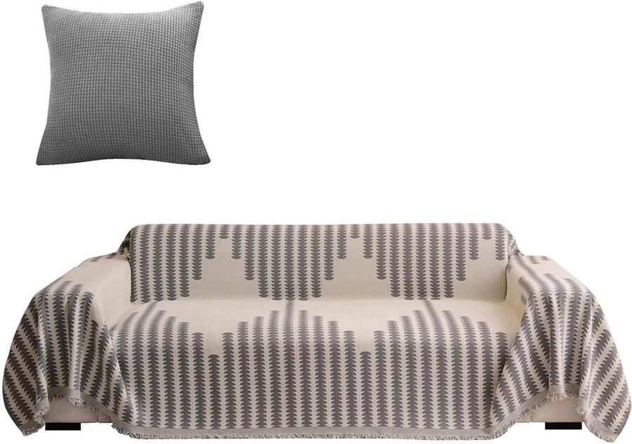 Allecto Plus Sofa Deken voor 2-3 4 Zitsbank Katoen Wasbaar Antislip Vuilafstotende Kussenhoes Naadloos met Kwasten (180 x 260 cm Grijs Gestreept)