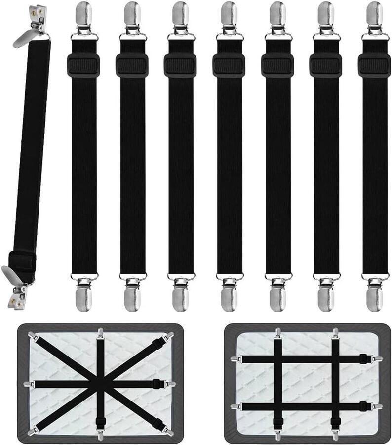 Allecto Plus Spanner Hoeslaken voor beddengoed Verstelbaar met elastische banden Bevestigingsriem voor bed of hoekbank Zwart 8-delig Matras fauteuil zitkussens Comfortabel & duurzaam