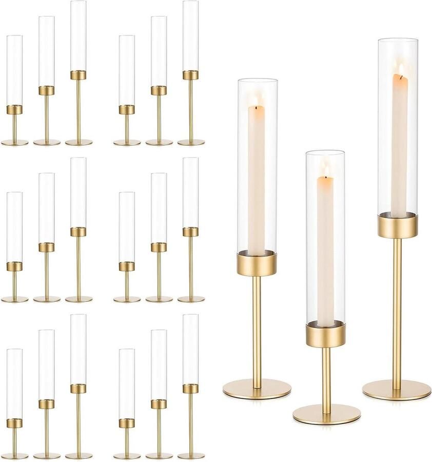 Allecto plus Staafkaarsenhouder voor gouden bruiloft decoratie Metaal 18 kandelaars hoog met windlicht glas Minimalistisch design Eettafel buiten verjaardag Gouden kandelaar