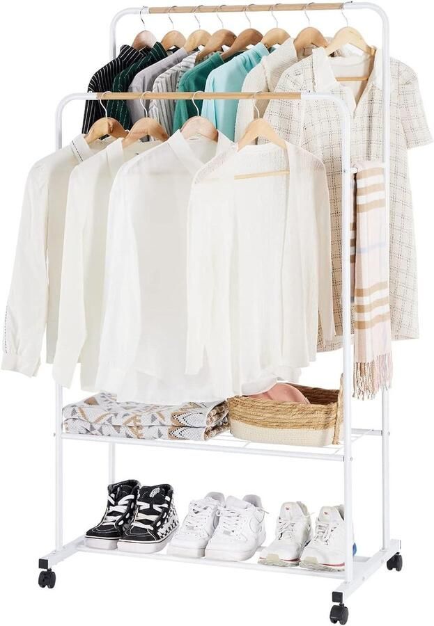 Allecto plus Stabiel kledingrek op wieltjes van metaal met dubbele stangen en 2 planken Wit belastbaar Handige kapstok