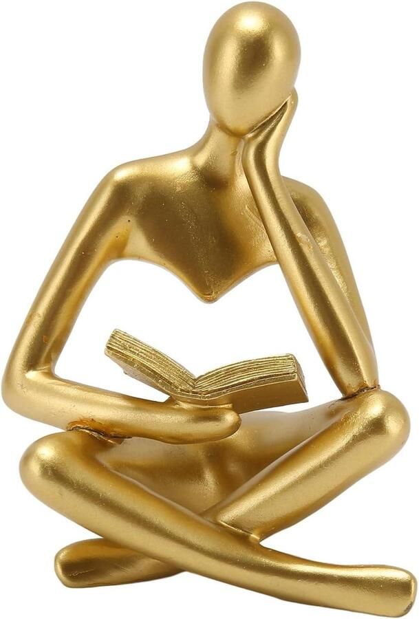Allecto Plus Standbeeld Denker Lezen Abstracte Kunst Hars Zittende Figuur (Goud) voor Woonkamer Decoratie met Kast Ornament