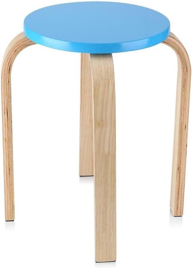 Allecto Plus Stapelbare houten barkruk voor in huis Antislip houten kruk Ronde stapelbare kruk voor bar of badkamer Blauw 45.5 x 30 cm