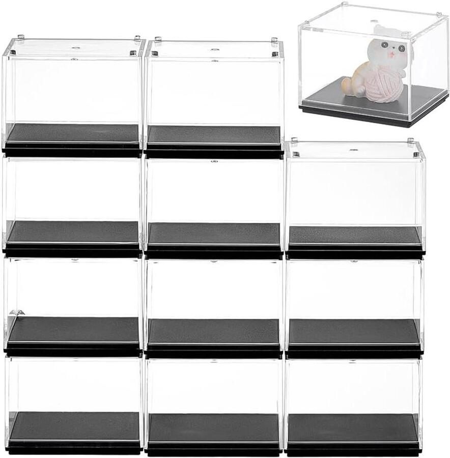 Allecto plus Stapelbare modelvitrine voor 12 minifiguren transparant acryl 62 x 50 x 48 mm zwarte sokkel. Perfect voor het opbergen van bouwstenen!