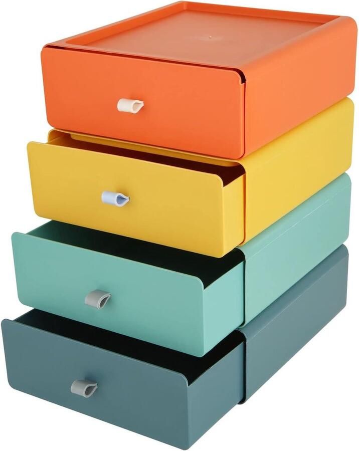 Allecto Plus Stapelbare Opbergdozen 20.5 x 19.5 x 7.3 cm Kunststof Opbergdoos met Laden voor Kantoor Cosmetica Bureau 4 Stapelbare Ladeboxen in 4 Kleuren