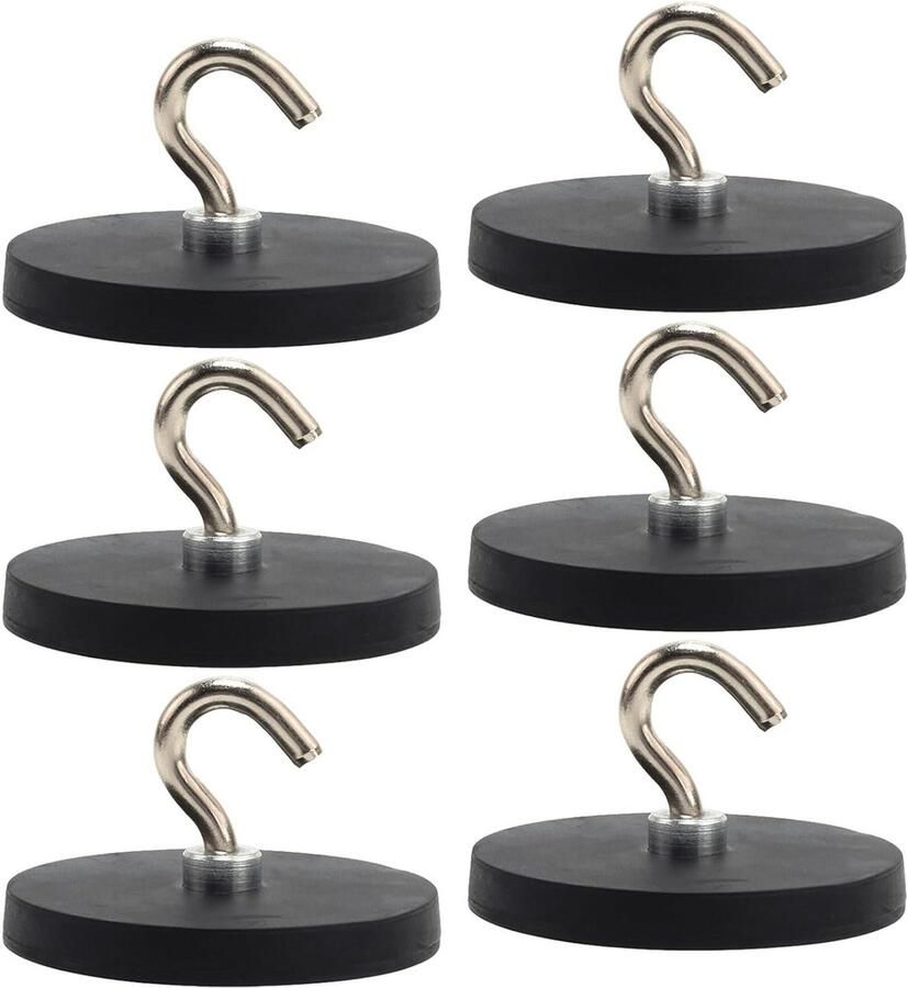 Allecto Plus Sterke Magneethaken Zwart 6 Stuks 43 mm Stansvrij Extra Sterk 10 kg Voor IJzeren Deuren Koelkasten Kledingrek Rubberen Magneethaken Handig in Keukens