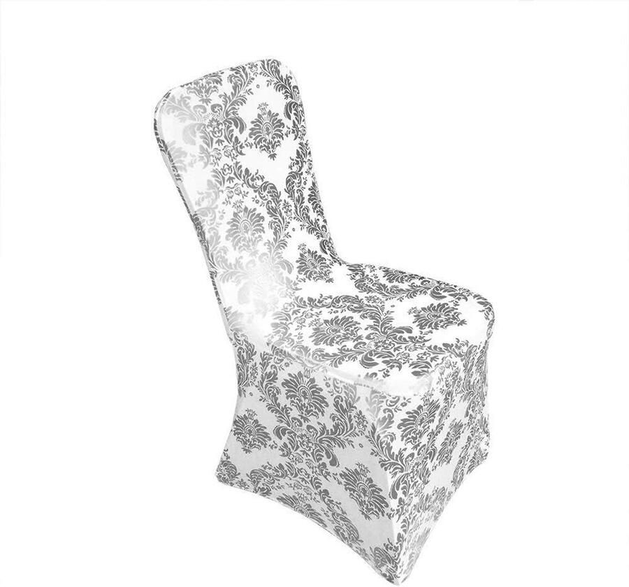 Allecto Plus Stoelbekleding voor bruiloft en banket Set van 4 stuks Elastische stoelbeschermhoes Wit en zilver Eetkamerstoel stretchhoes Spandex lycra Bescherming en decoratie Ideaal voor speciale gelegenheden