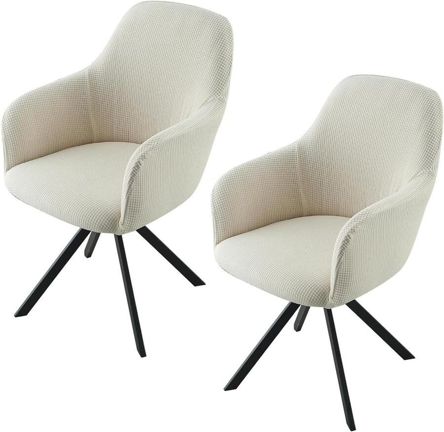 Allecto Plus Stoelhoes met armleuning voor stoelen Stretch Afneembaar Wasbare hoezen Eetkamer Keuken Woonkamer Kantoor Bruiloftsdecoratie Beige-Wit Set van 2