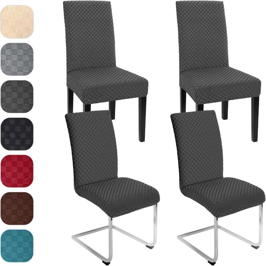 Allecto Plus Stoelhoezen set van 4 elastisch modern jacquard afneembaar en wasbaar donkergrijs voor keuken restaurant bar hotel bescherming 4 stuks